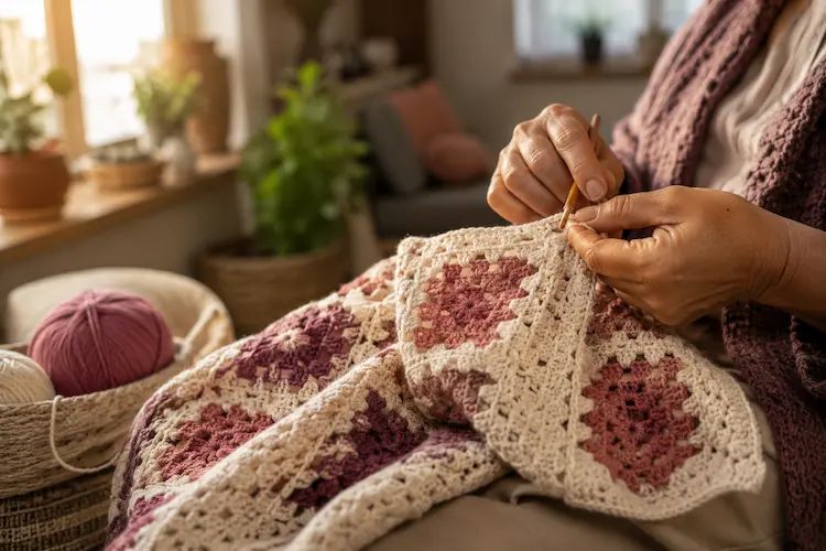 Mãos a crochetar uma peça em tons de rosa e creme