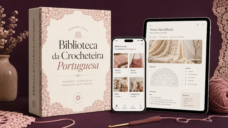Biblioteca da Crocheteira Portuguesa — caixa, telemóvel e tablet com a aplicação