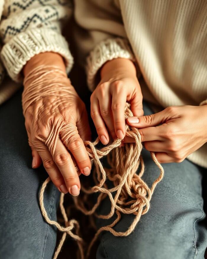 Mãos de avó e mãos jovens a segurar fios